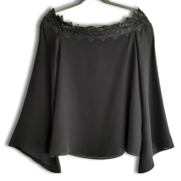 CAMI NYC / Silk Lace Trim Bell Sleeve A-Line Light Lined Blouse Top Black Sz M - Picture 1 of 14